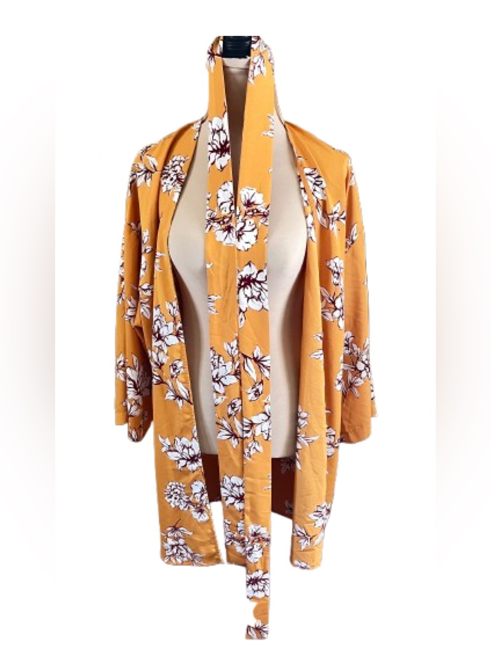 Papaya Gold Mustard Floral Open-Front Kimono Cardigan Size Large Beach Casual